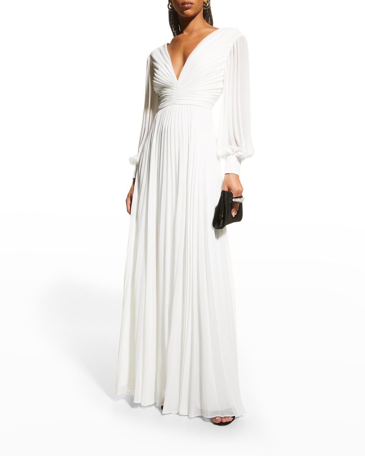 Badgley Mischka Collection V-Neck Long-Sleeve Pleated Gown