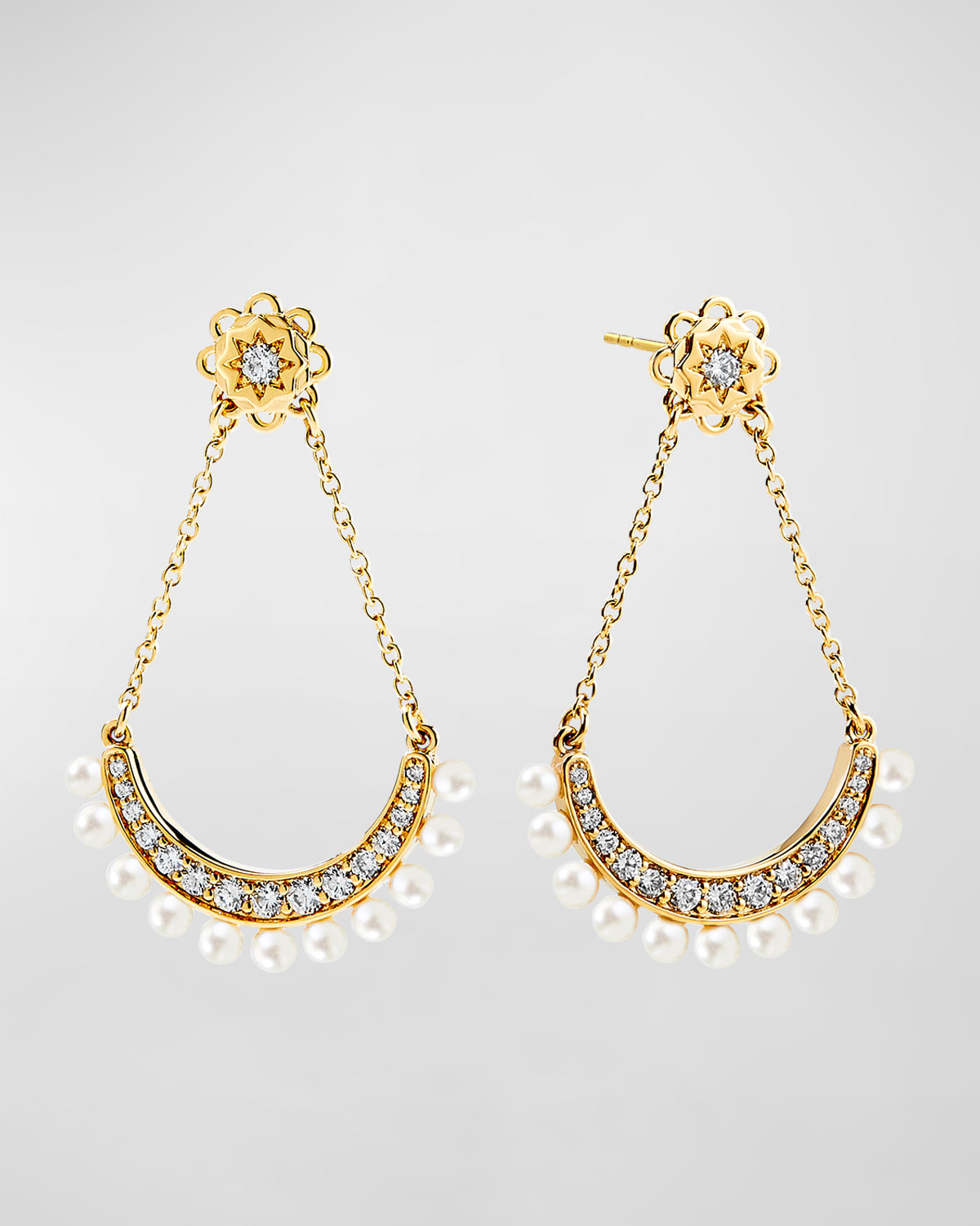 Yellow Gold Mogul Earrings with Pearls and Champagne Diamonds