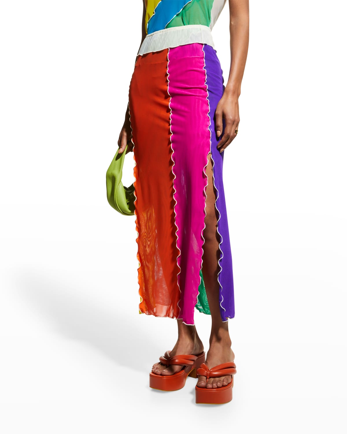 Rainbow Mesh Wavy Seamed Midi Skirt