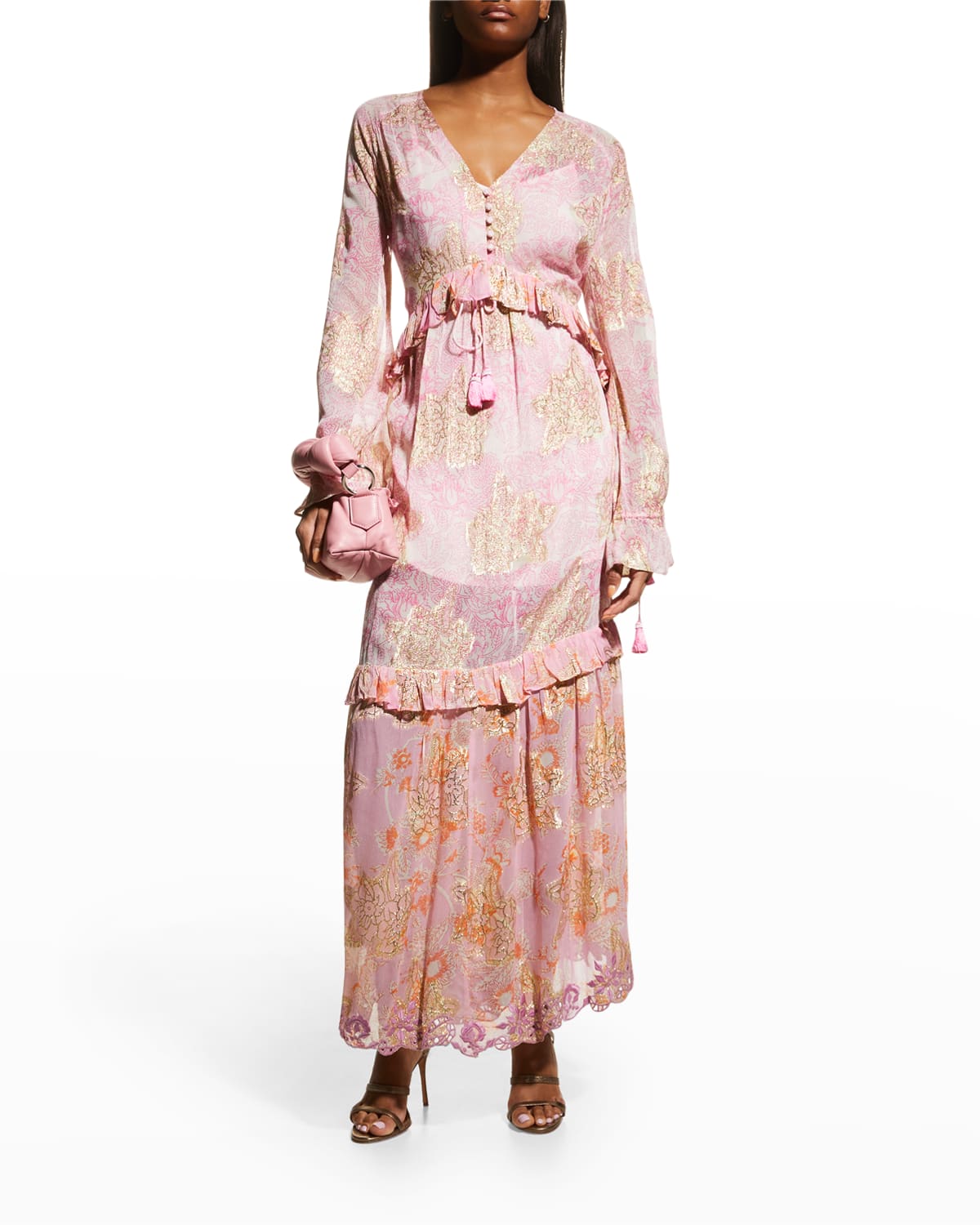 Hemant & Nandita Ruffle Metallic Maxi Kaftan Dress In Pink | ModeSens