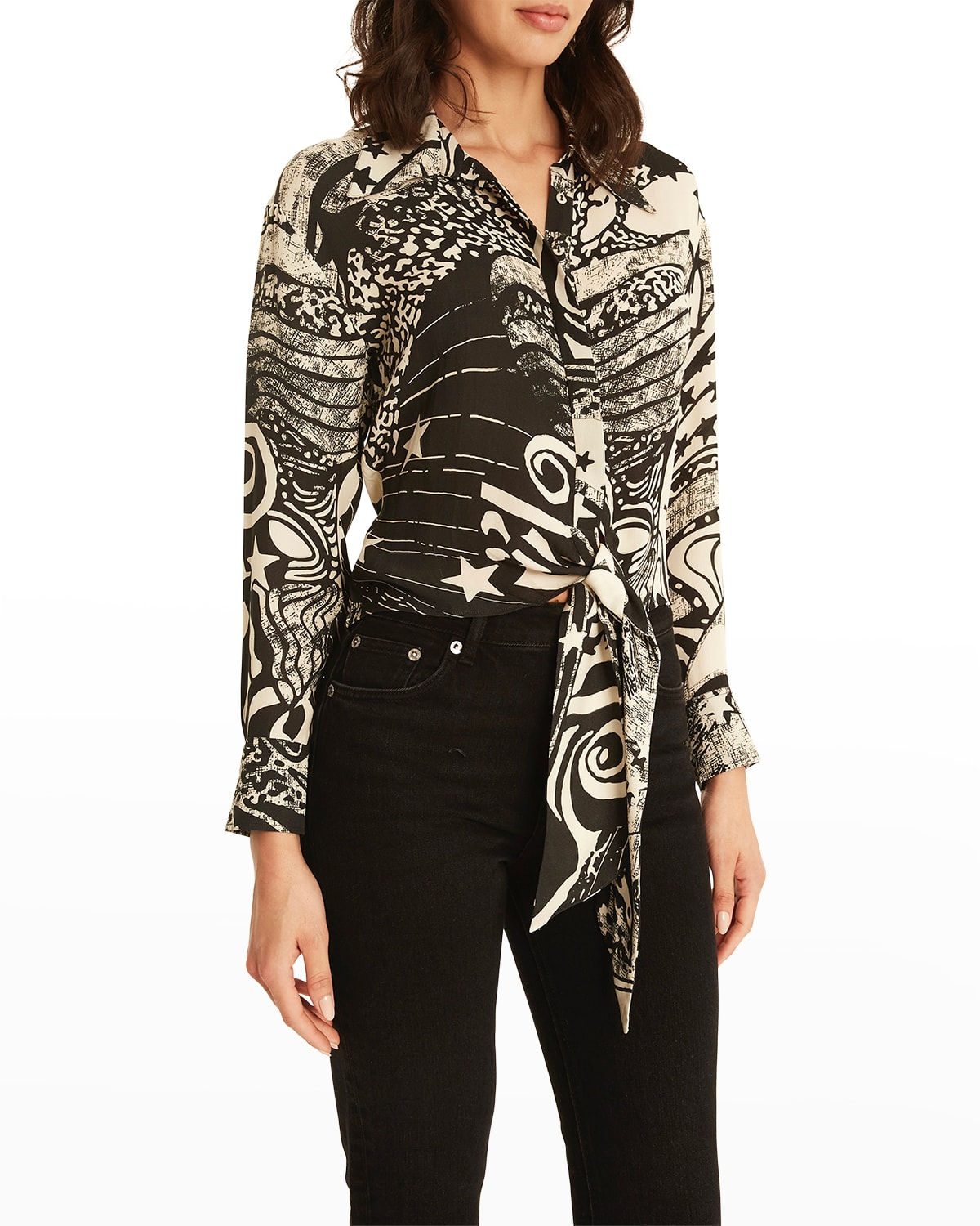 Secret Mission Mitski Button-front Printed Silk Blouse In Psychedelic Black
