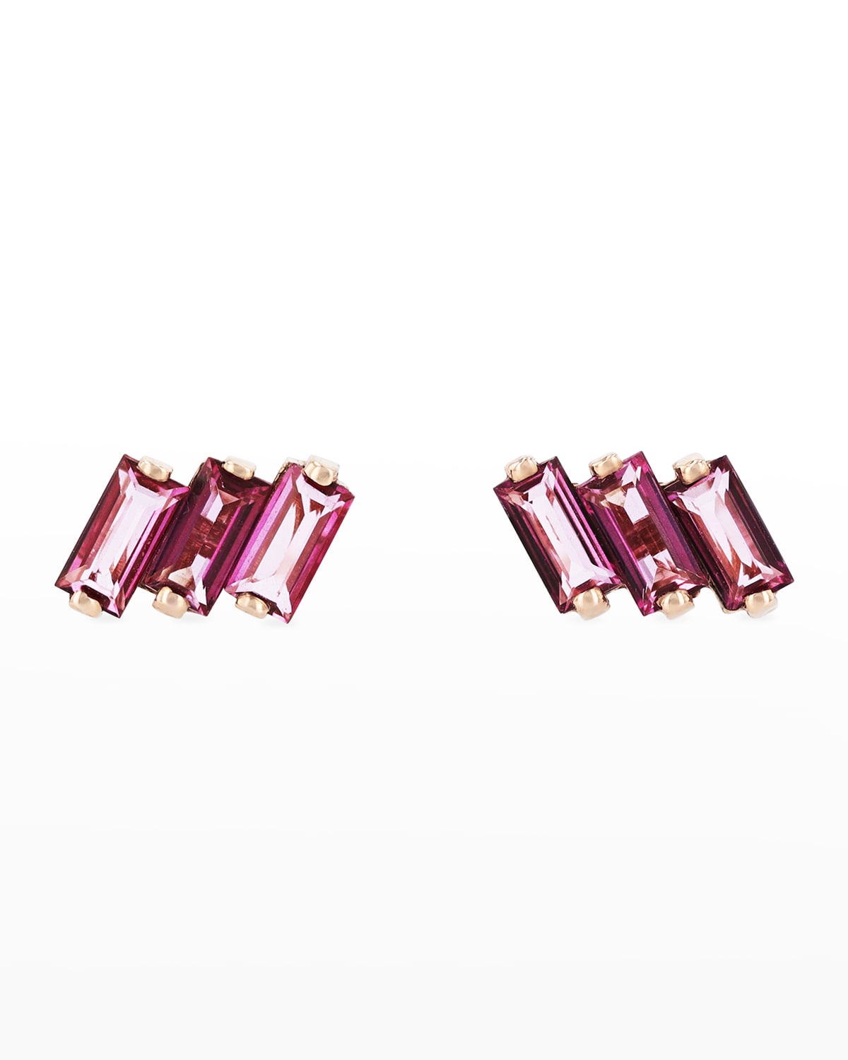 14K Rose Gold Three Baguette Earrings with Baguette-Cut Pink Topaz