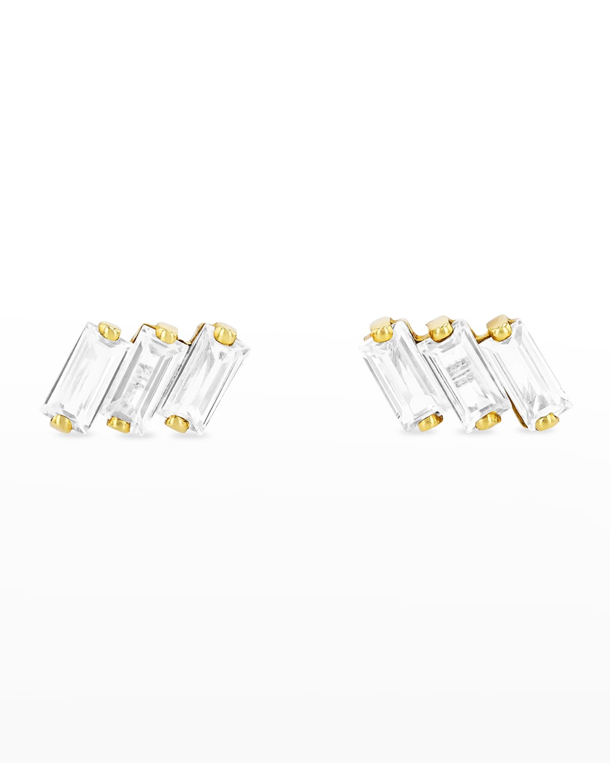 14K Gold Three Baguette Earrings with Baguette-Cut White Topaz