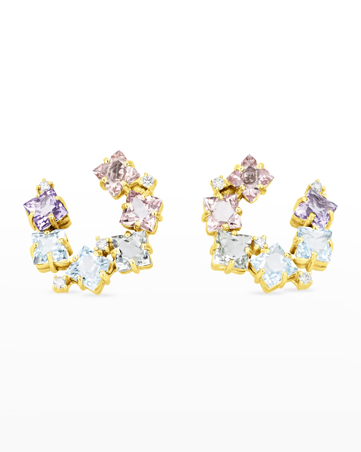 14K Gold Clover White Diamond Small Spiral Hoop Earrings