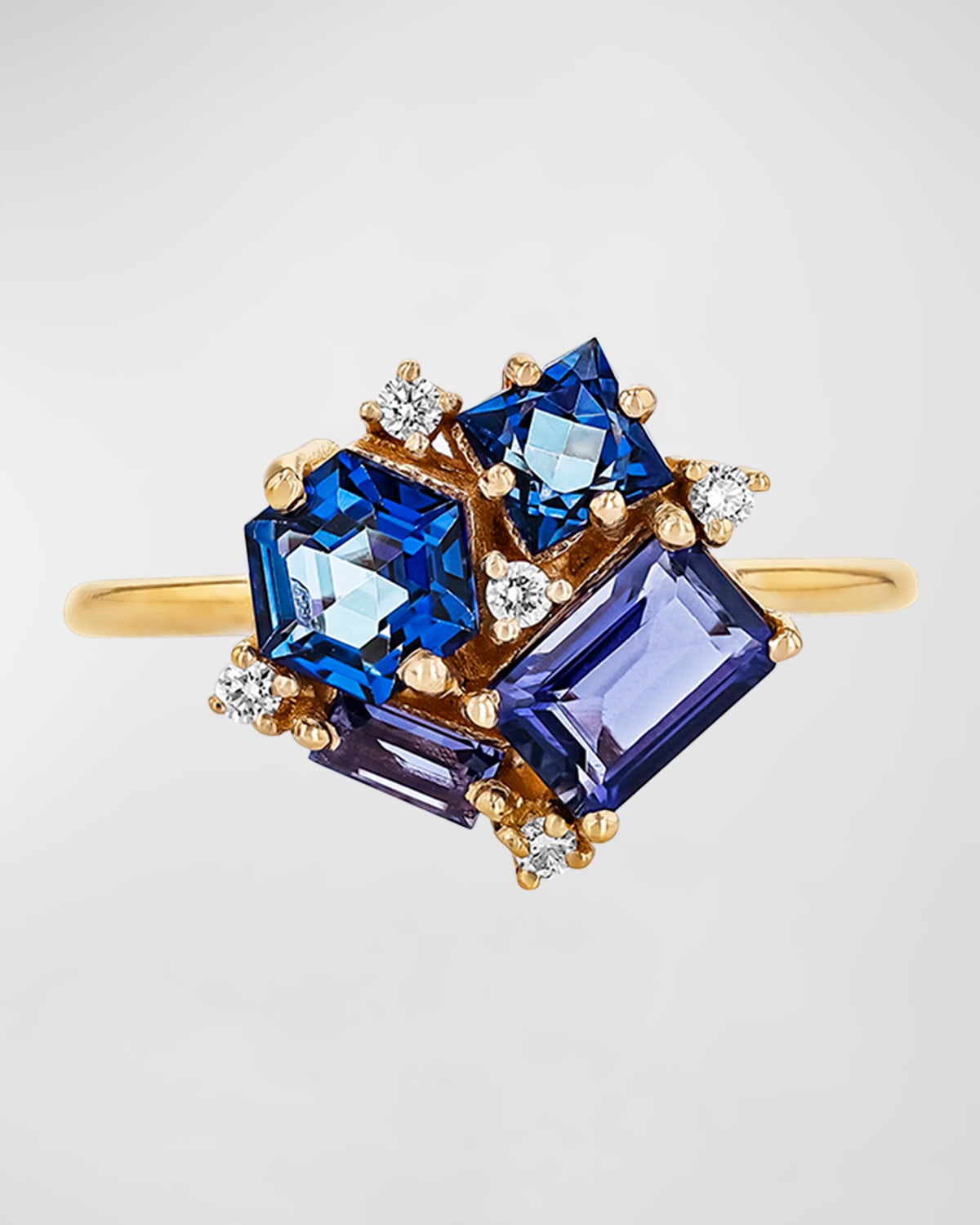 Yellow Gold Cluster Ring with Iolite and Envy Blue Topaz