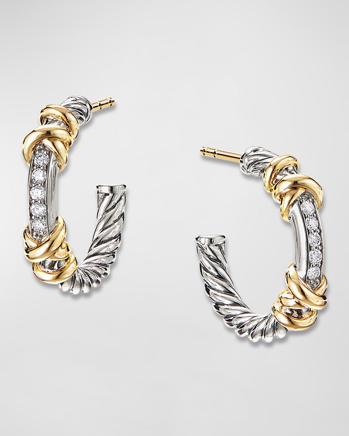David Yurman Petite Helena Hoop Earrings In Sterling Silver With 18k Gold & Diamonds - 0.75" In Sil18k