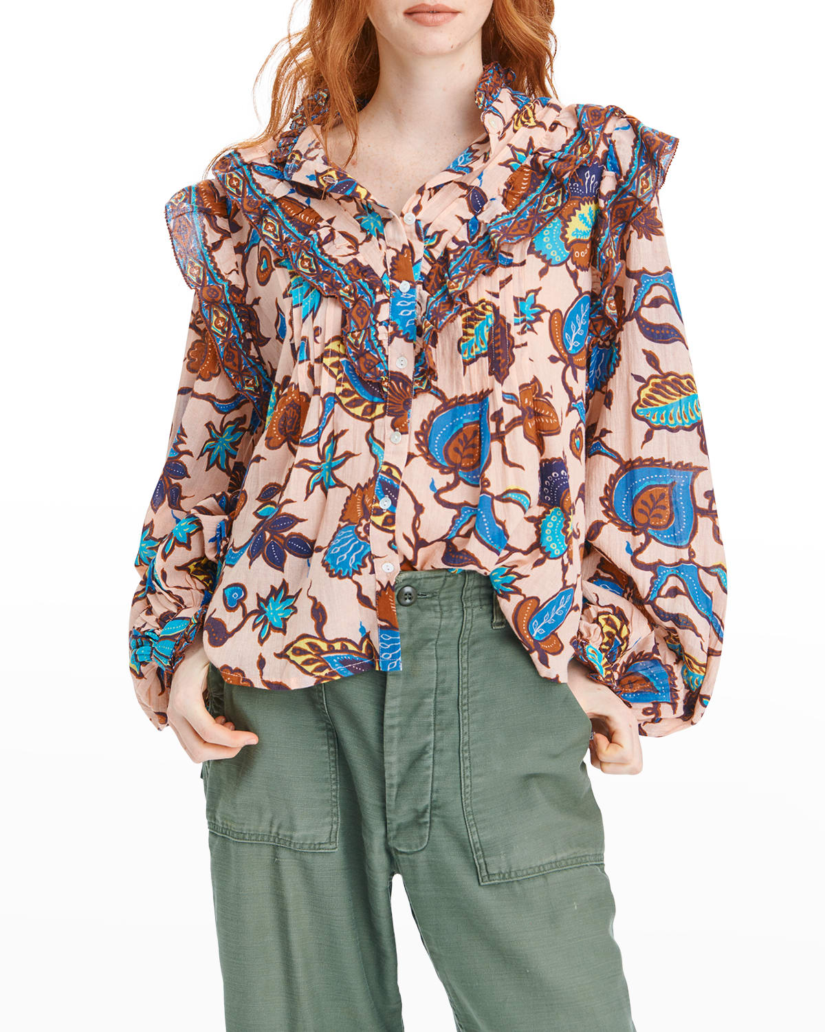 LOVE THE LABEL Button-Up Botanical Top with Smocked Cuffs