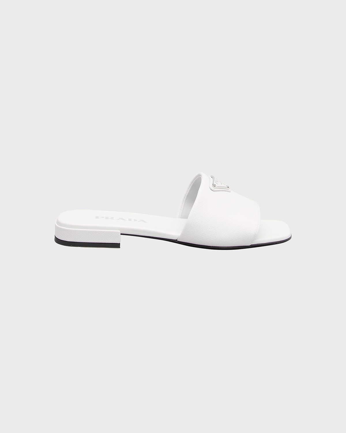 Shop Prada Calfskin Logo Flat Slide Sandals In Bianco