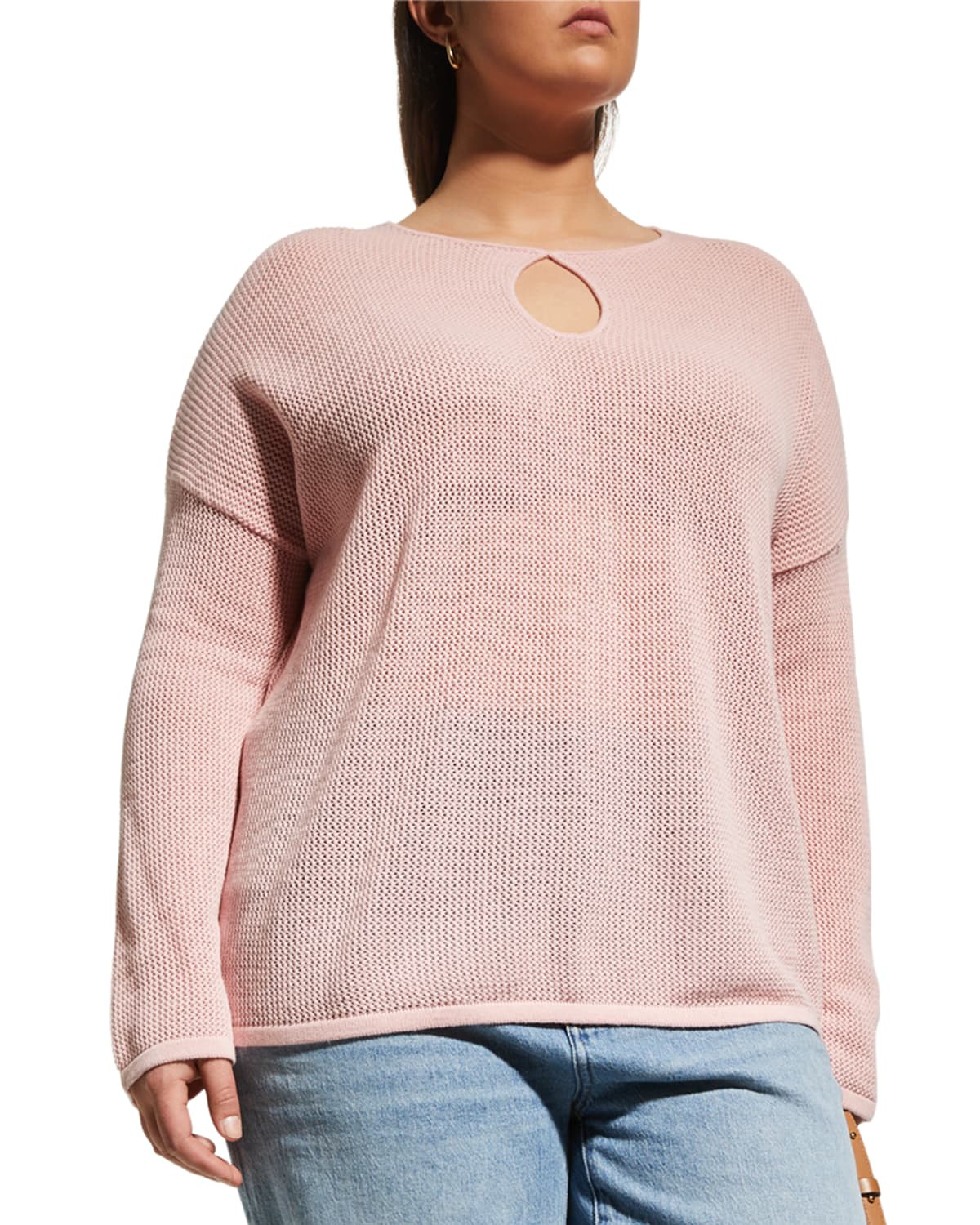Minnie Rose Plus Plus Size Long-Sleeve Mesh Cotton/Cashmere Top