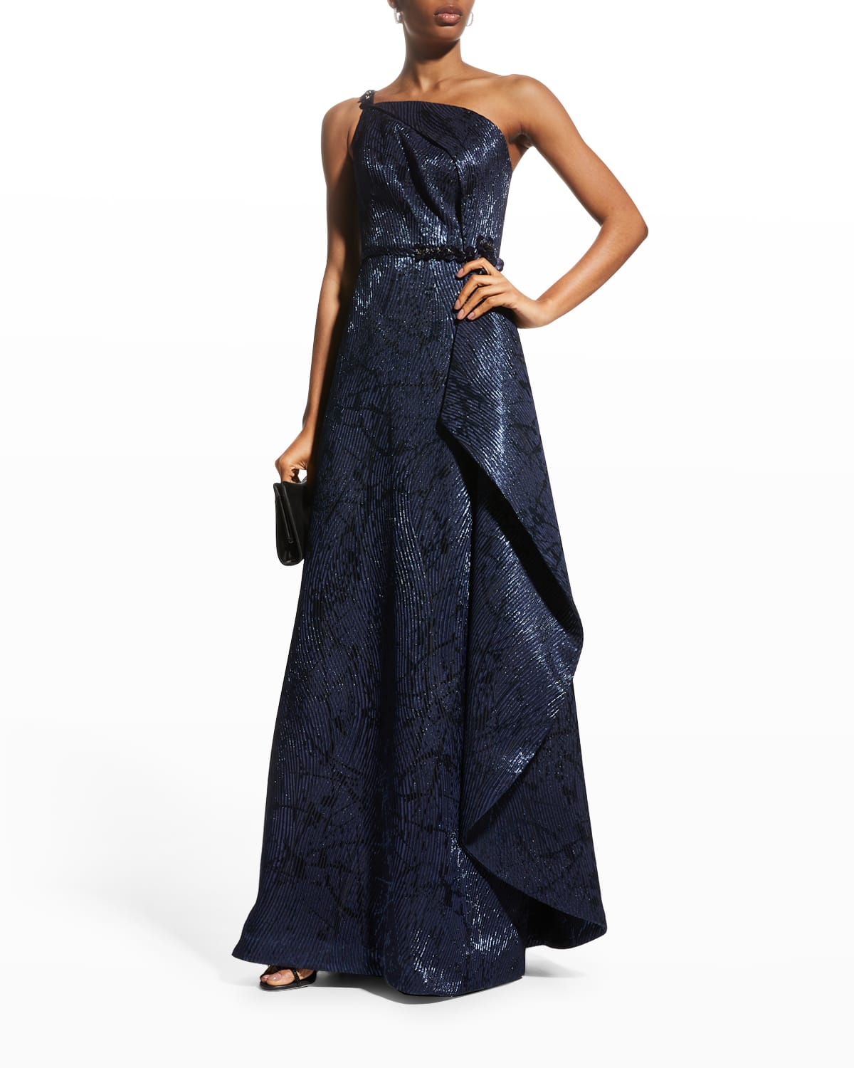 Metallic Jacquard One Shoulder Side Ruffle Gown | ModeSens