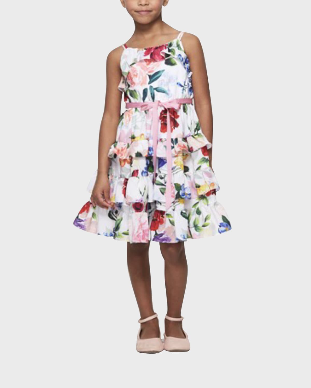 Shop Marchesa Notte Mini Girl's Floral-print Tiered Ruffled Dress In Ivory Multi
