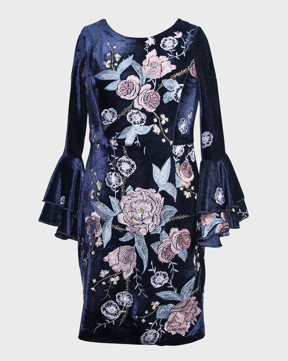 Shop Marchesa Notte Mini Girl's Bell-sleeve Floral-embroidered Velvet Dress In Navy