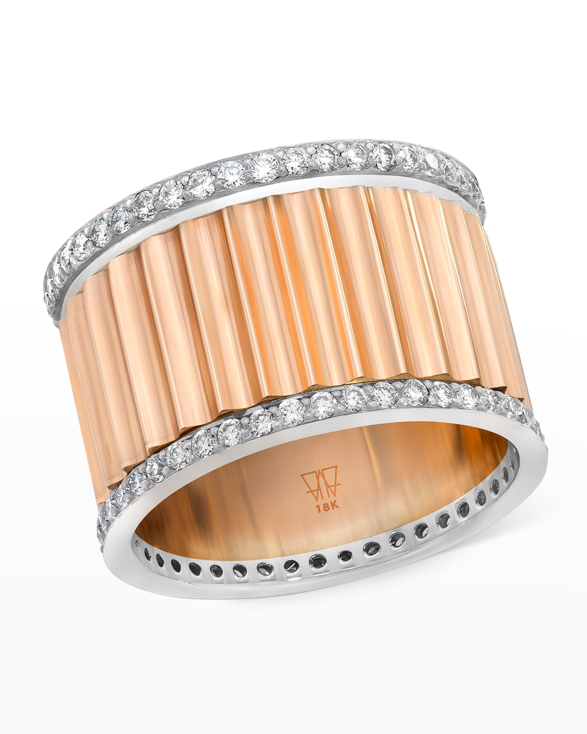 Clive Rose Gold Wide Fluted Band Ring with White Gold and Diamonds