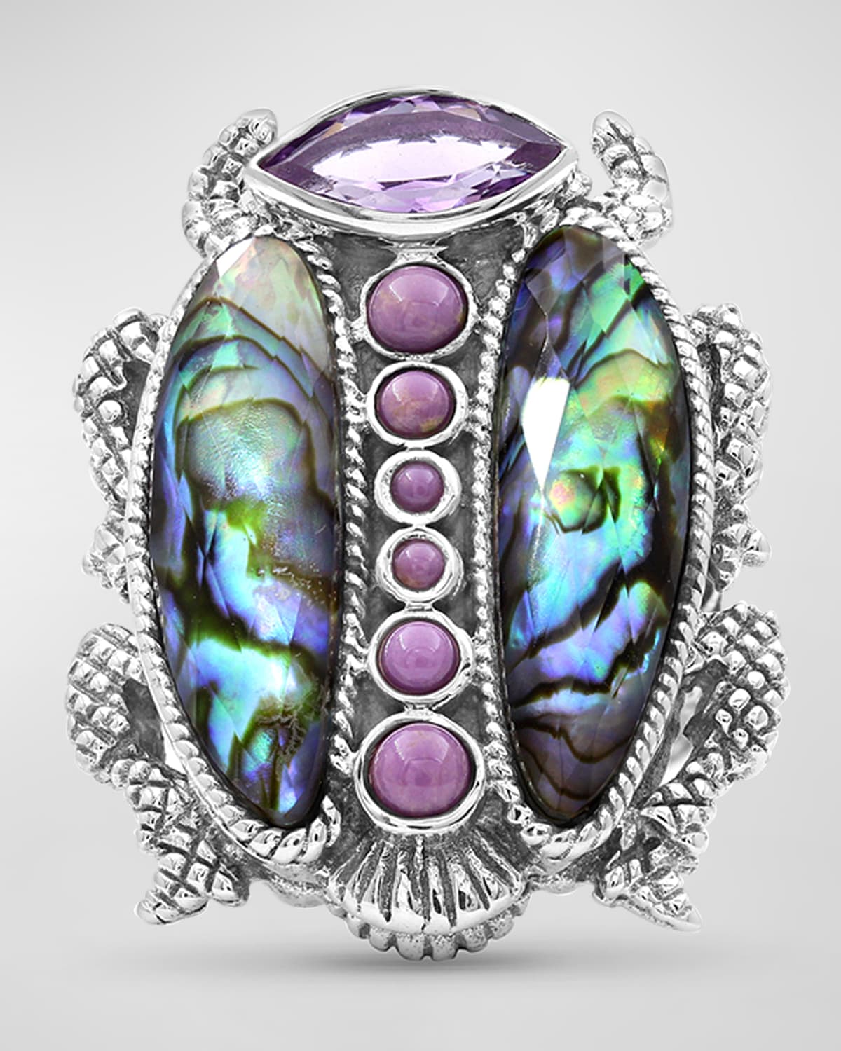 Stephen Dweck Abalone And Amethyst Scarab Ring In Sterling Silver