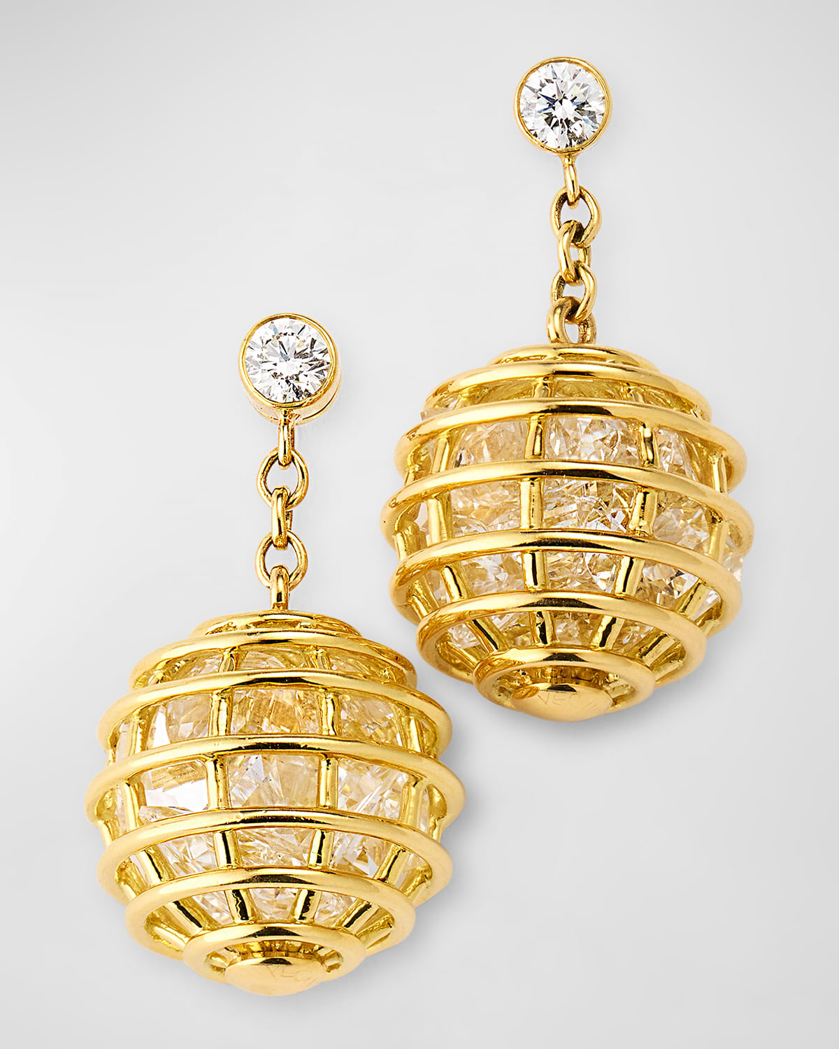 18K Yellow Gold Rock Crystal Cage Drop Earrings