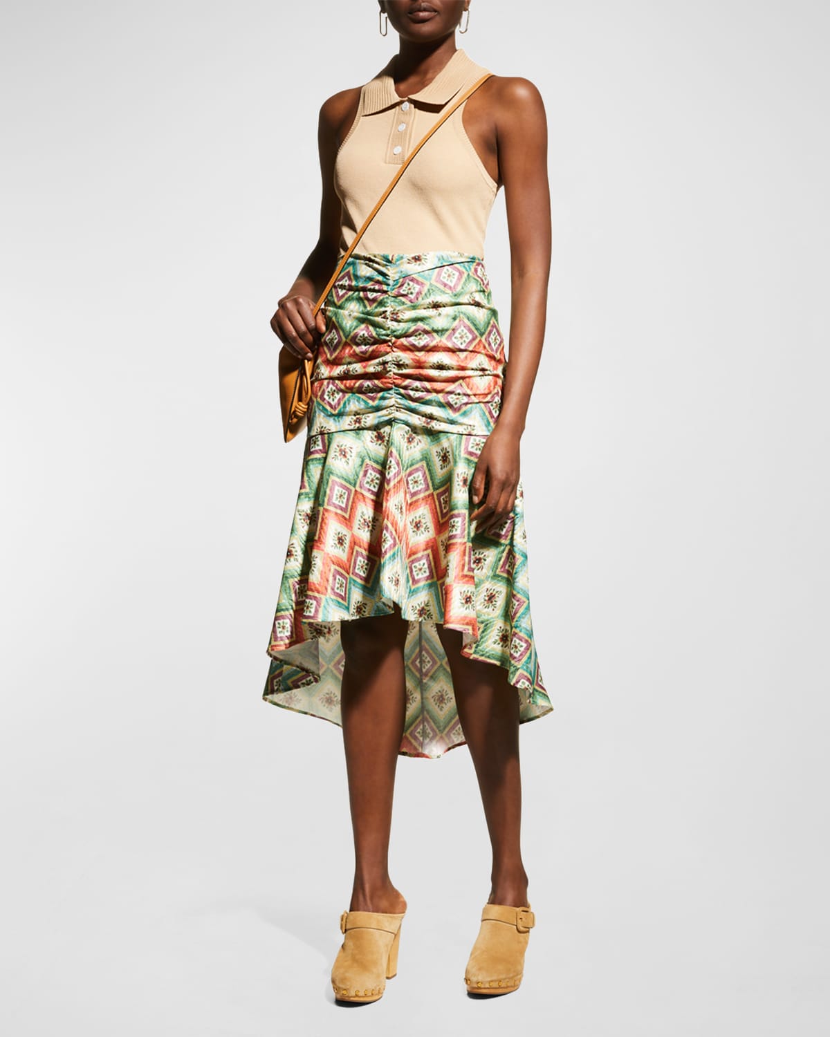 Autumn Adeigbo Soraya Geometric-Print Ruched Bead-Fringe Midi Skirt