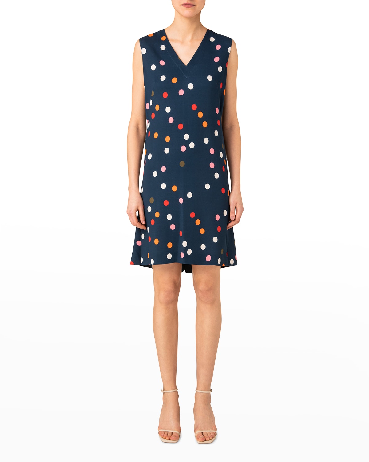 Akris Punto Polka Dot Flounce-hem Crepe Shift Dress In Denim Multi