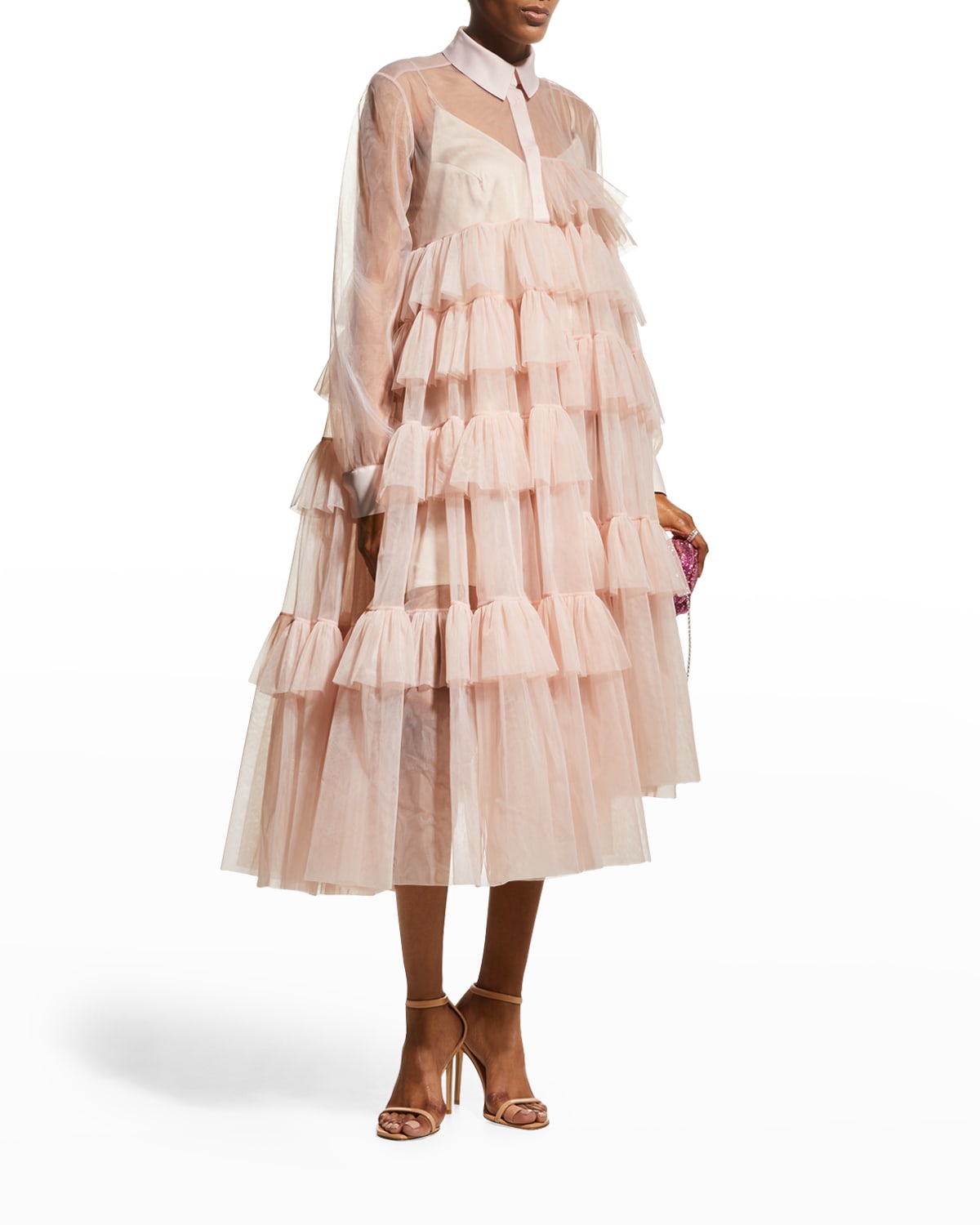 Paskal Long-sleeve Tulle Dress With Ruffles In Light Pink