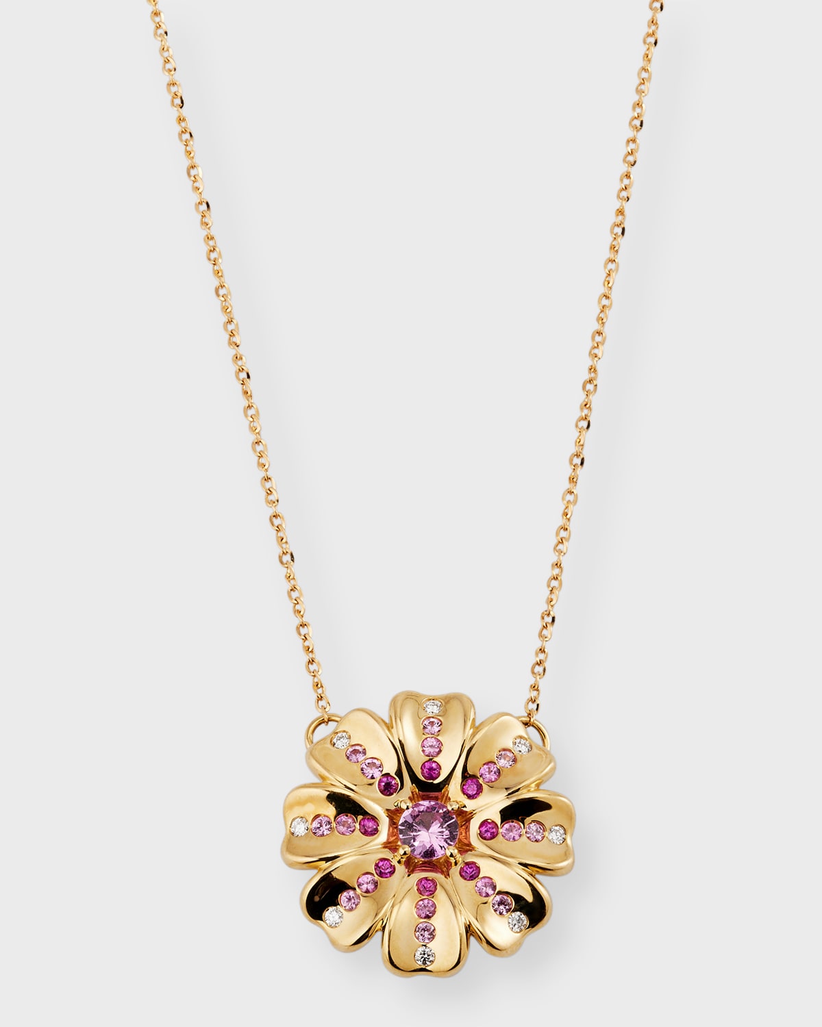 Diamond and Pink Sapphire Flower Pendant Necklace