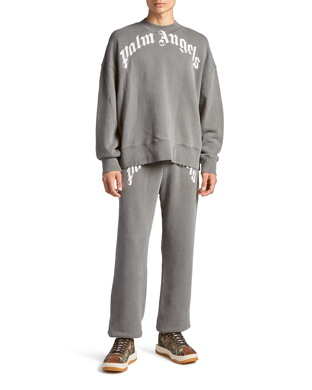 Palm Angels Crew-neck Cotton Sweatshirt With Lettering Print In Black White
