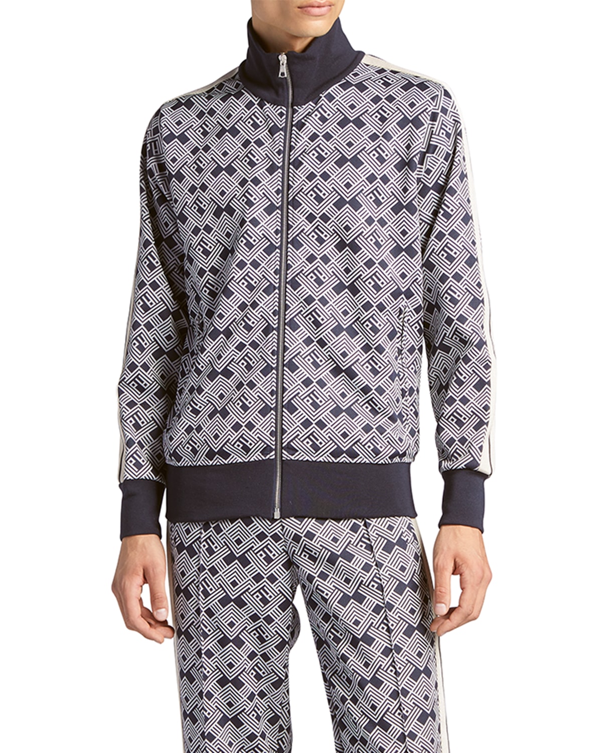 Palm Angels Stripe-jacquard Jersey Track Jacket In Navy Blue Off Whi