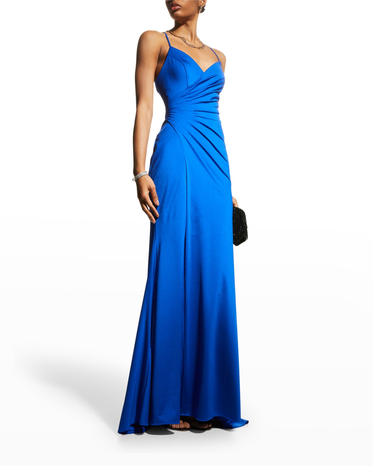 Faviana Lace-Up Back Ruched Column Gown