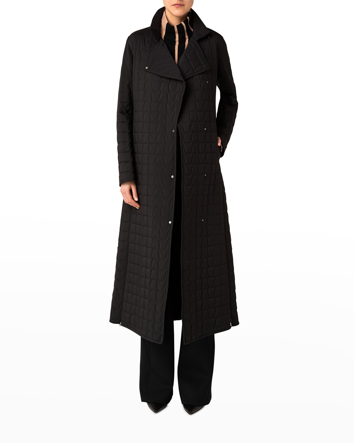AKRIS TRAPEZOID QUILTED LONG COAT WITH BELT