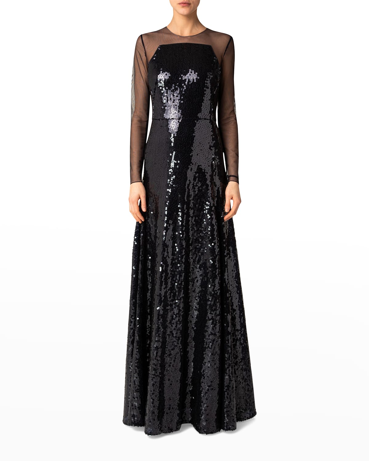 AKRIS SEQUIN LONG-SLEEVE ILLUSION GOWN