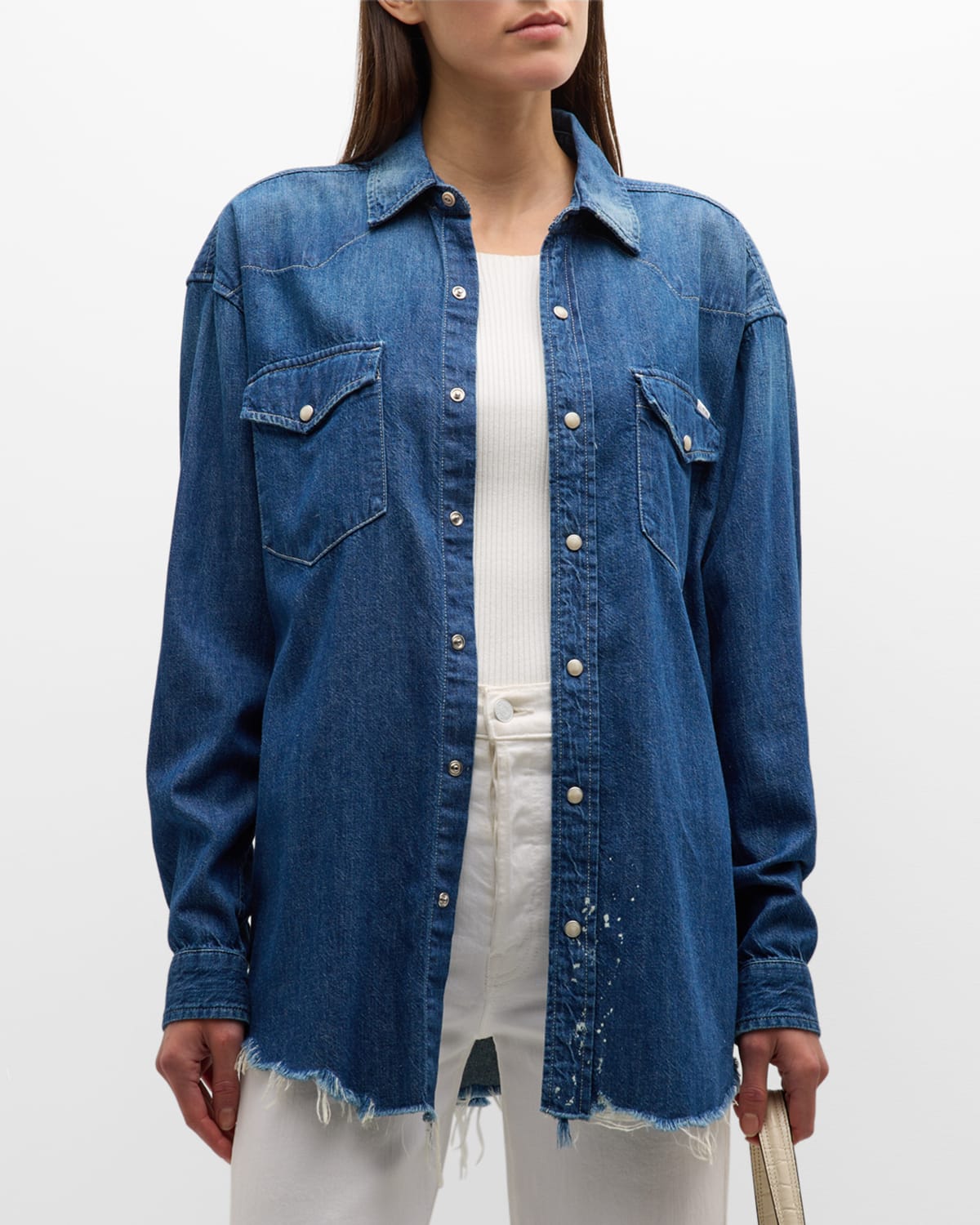 Mother The Western Distressed Denim Overshirt In Dopenhagen