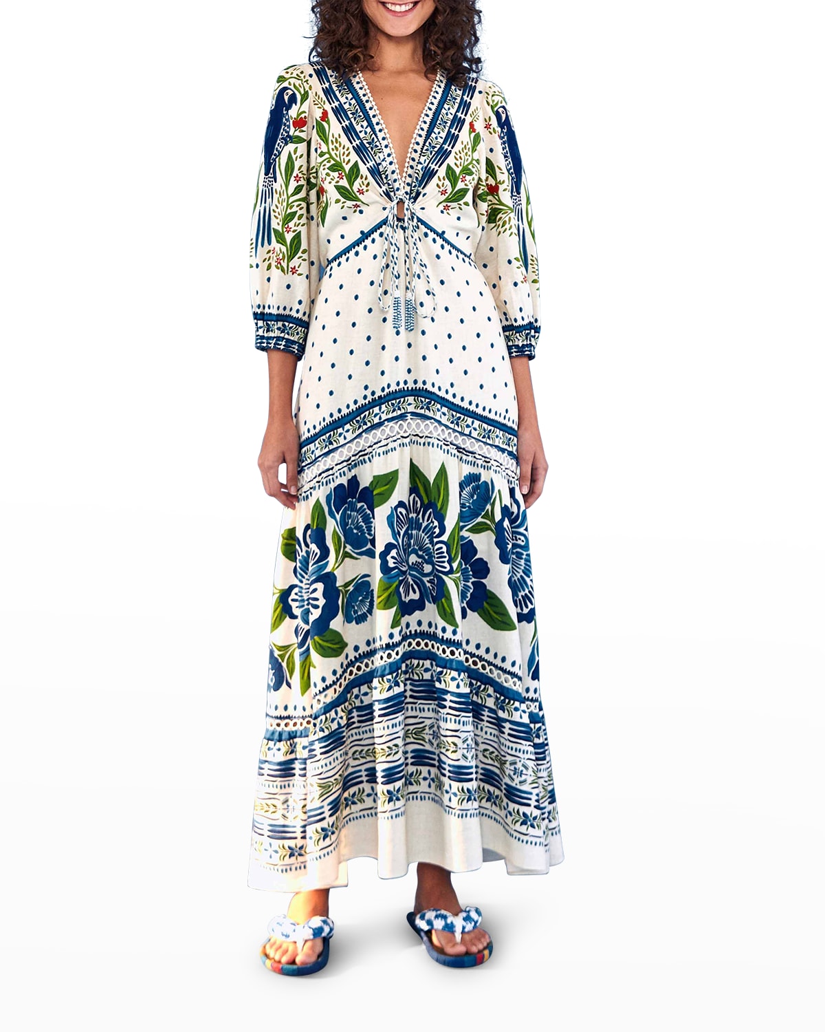 Farm Rio Macaw Flight Tassel-tie Maxi Dress In Off-white Macaw F