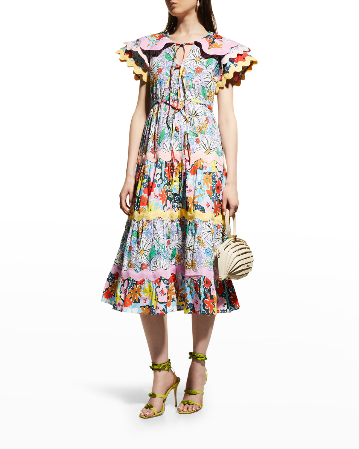 Celiab Olav Floral Scalloped Tiered Midi Dress In Multi