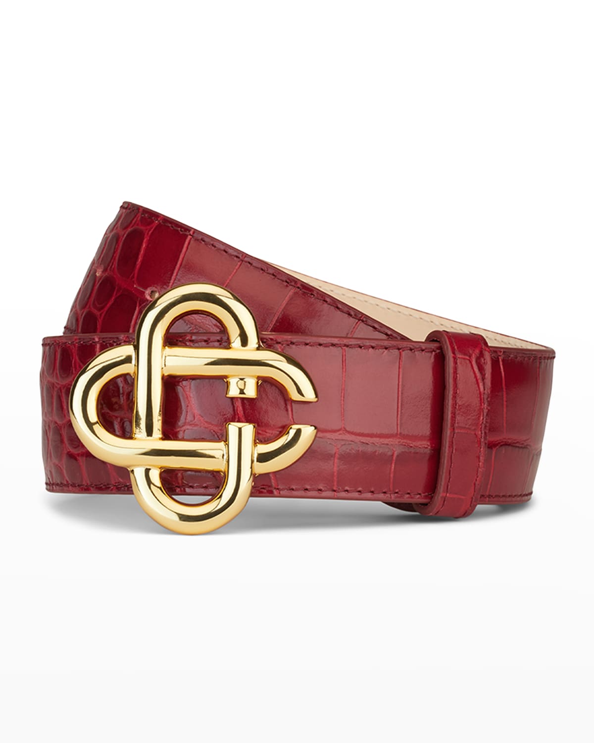 $345 Casablanca Men Red Embossed Leather Monogram Prong Buckle Belt Size  34/85cm