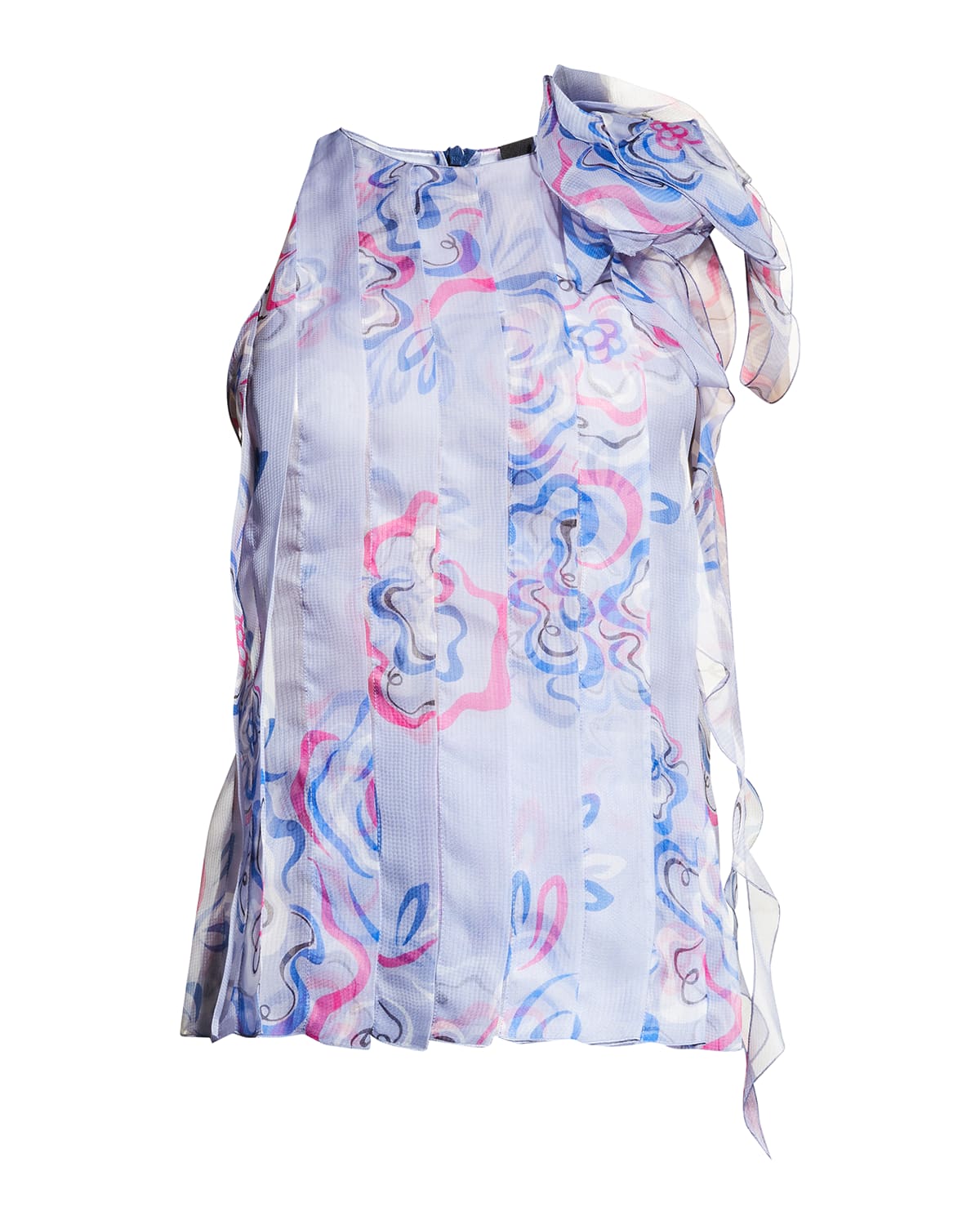 Floral-Print Bow Pleated Organza Tank