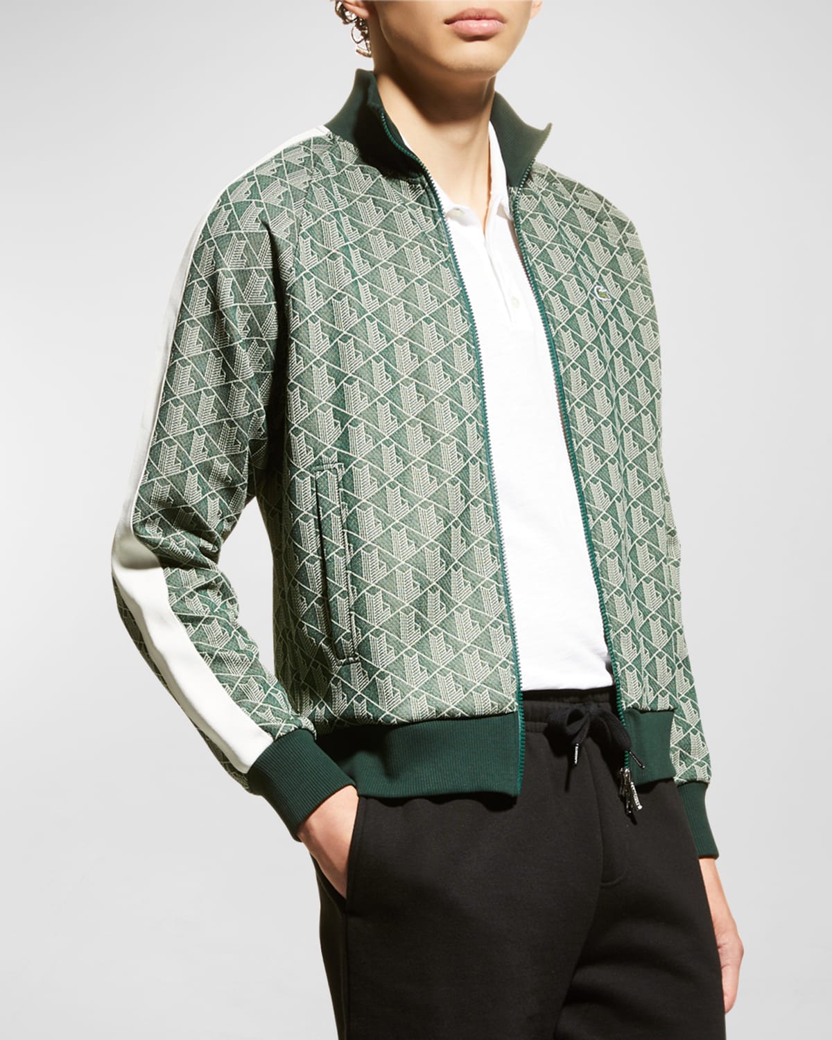 Lacoste Men's Full-zip Jacquard Monogram Sweatshirt In Green/wood