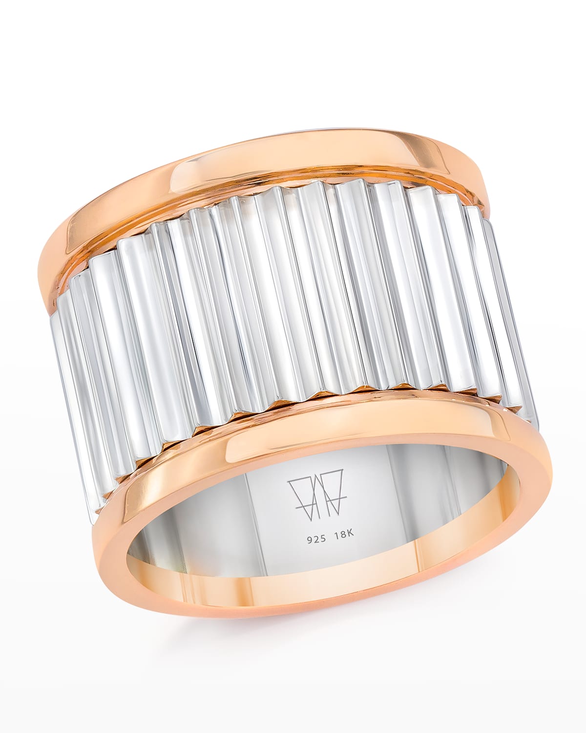 Clive Sterling Silver Wide Fluted Band Ring with Rose Gold Rails