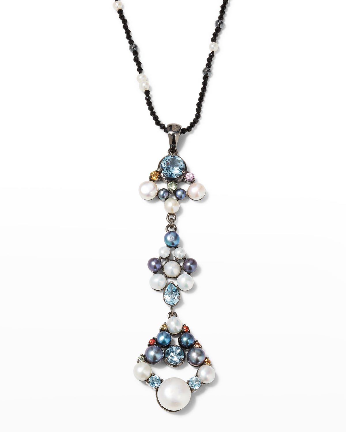 Pearl Dangle 3-Drop Necklace with Sapphires and Topaz