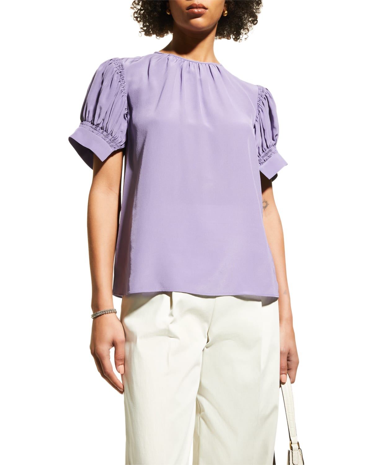 Rebecca Taylor Smocked Crepe De Chine Blouse In Hibiscus