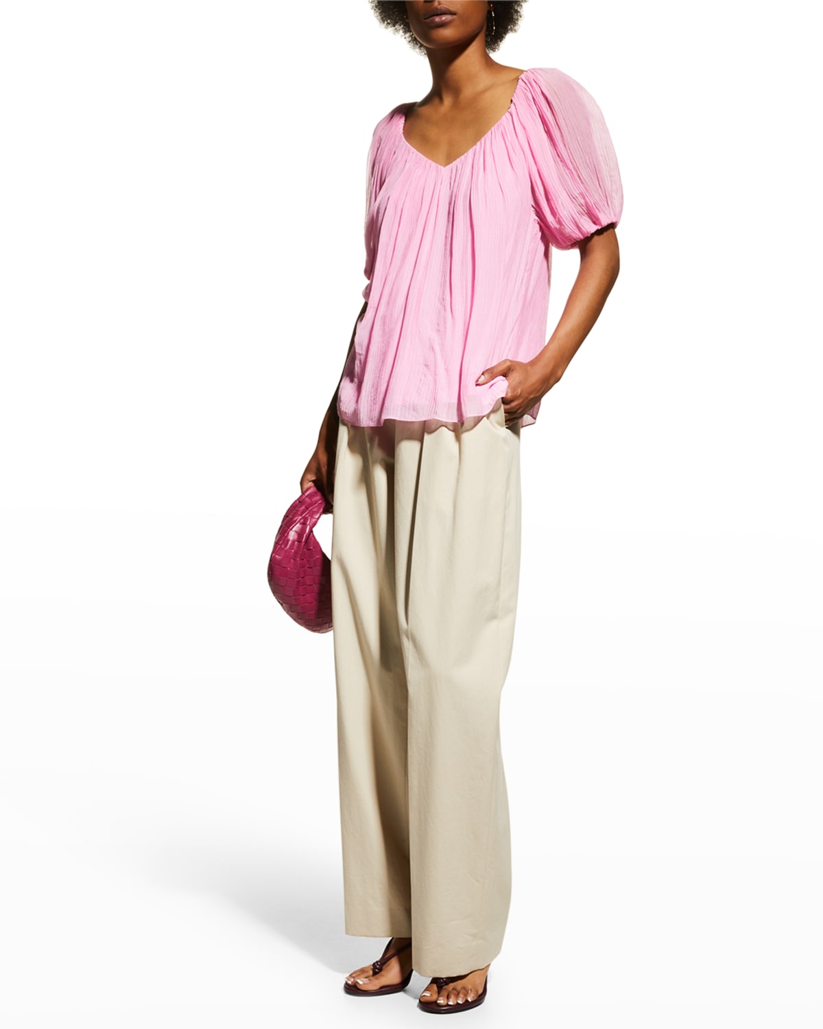 Rebecca Taylor Crinkled Chiffon Puff Sleeve Top Smart Closet