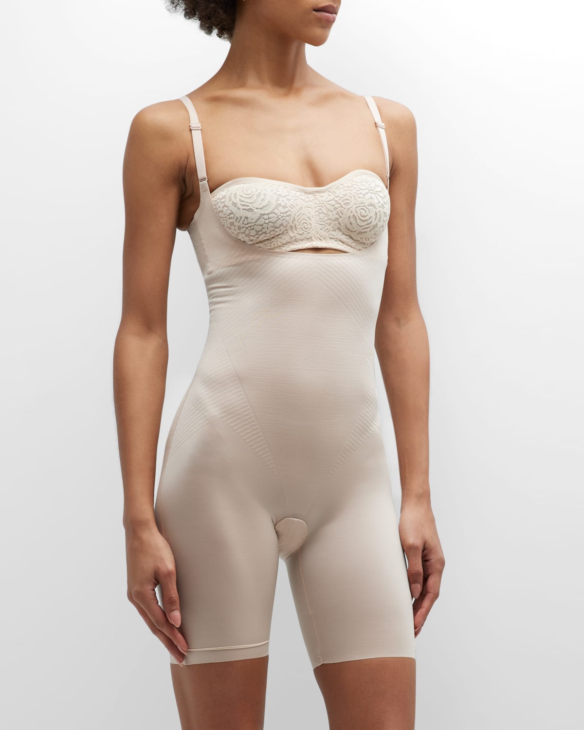 Spanx OnCore Open-bust Mid-thigh Bodysuit, Beige, M