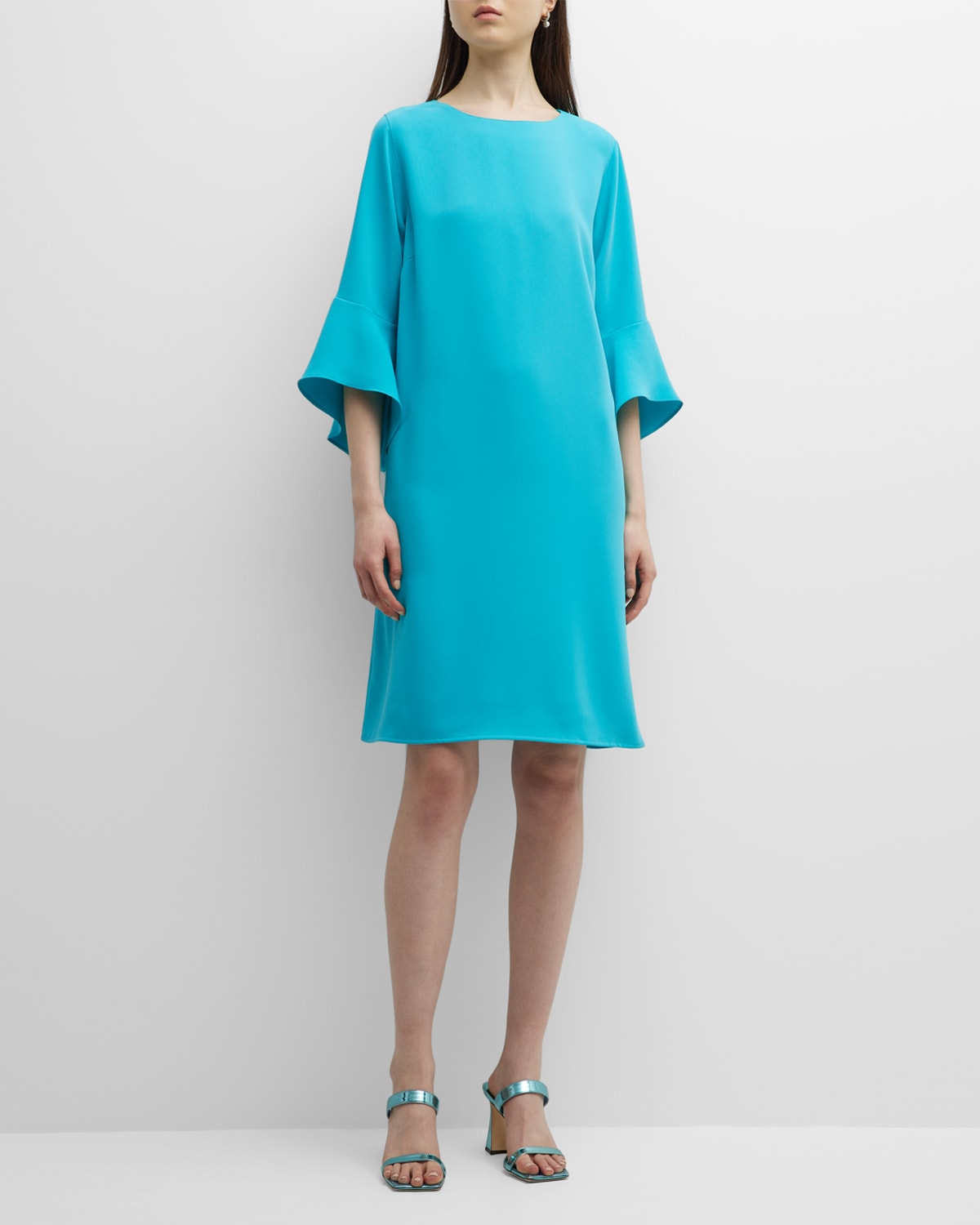 Caroline Rose Julia Bell-sleeve Crepe Dress In Island Turquoise