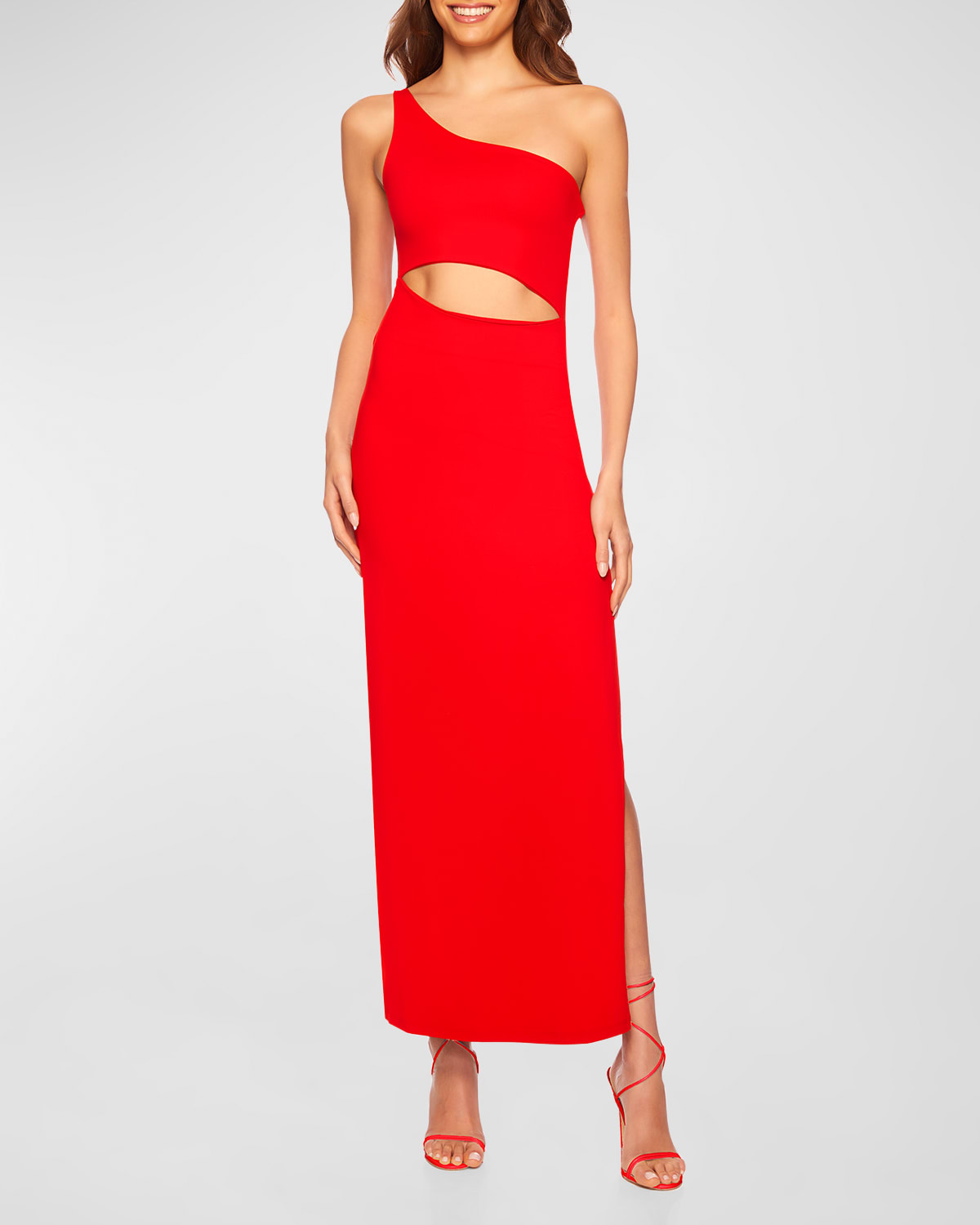 Susana Monaco One-shoulder Cutout Slit Maxi Dress In Watermelon