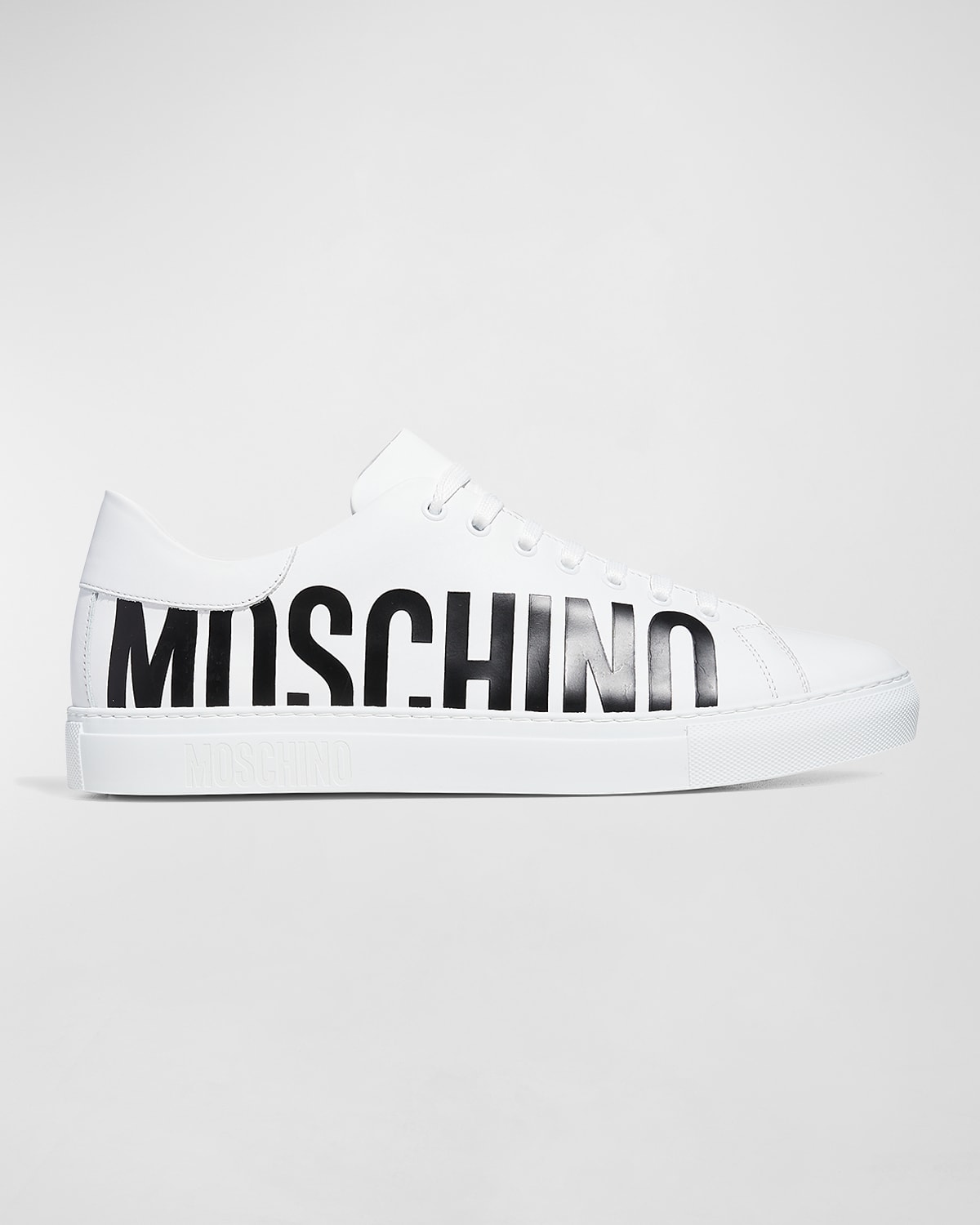 Shop Moschino Men's Logo Leather Low-top Sneakers In White