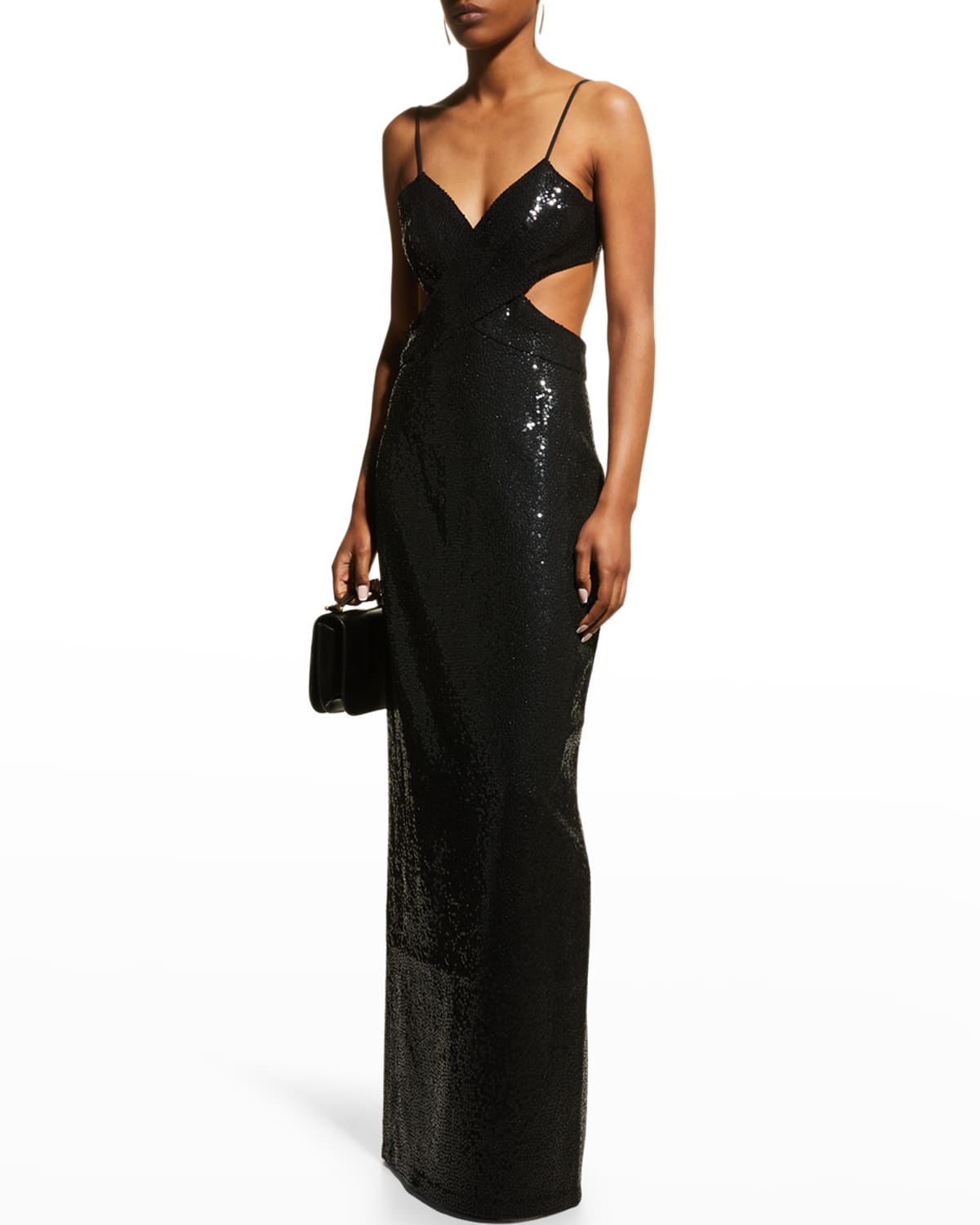 MICHAEL KORS SEQUIN-EMBELLISHED CROSSOVER CUTOUT COLUMN GOWN