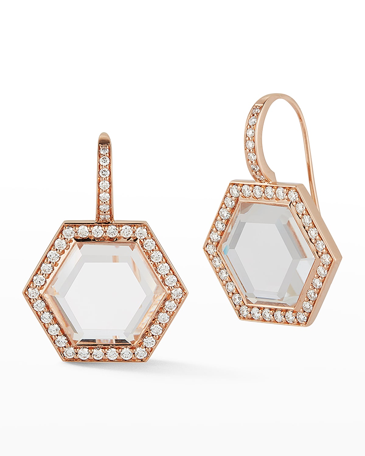 WALTERS FAITH BELL ROSE GOLD ROCK CRYSTAL HEXAGONAL WIRE EARRINGS WITH DIAMOND BORDER