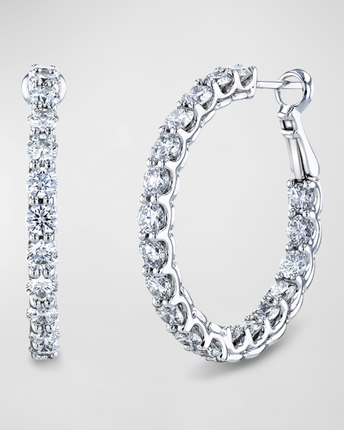 18K White Gold Round Diamond Wire Cup Hoop Earrings, 1"L