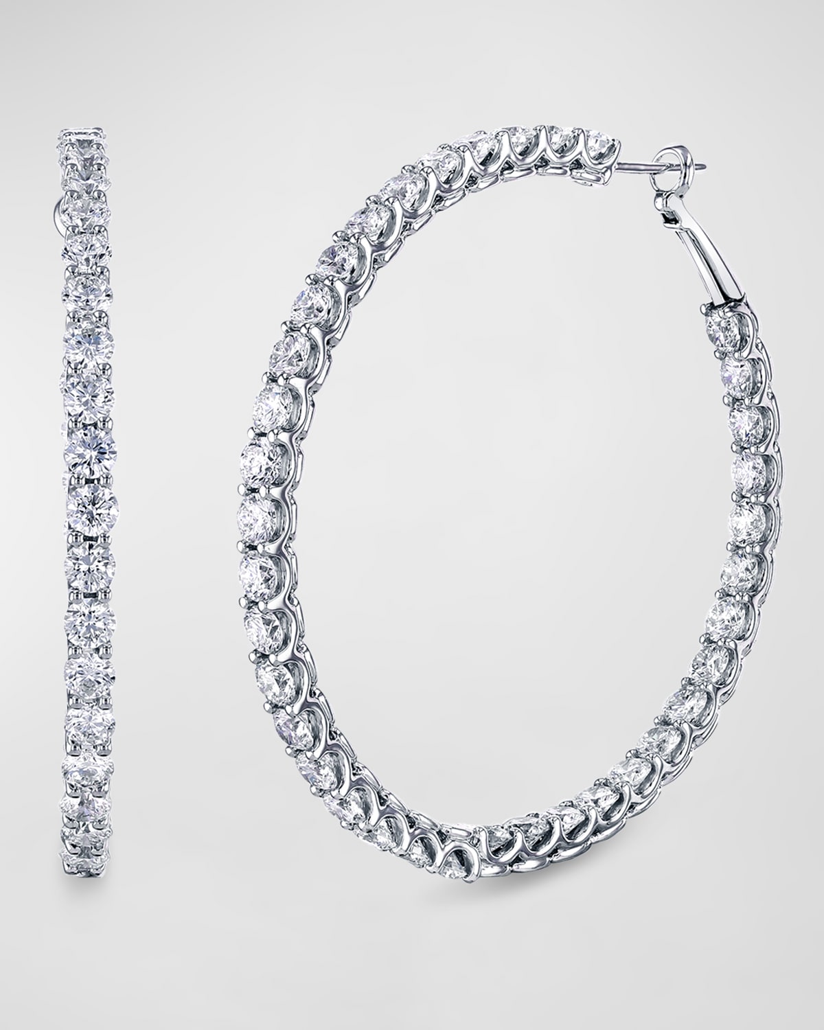 18K White Gold Round Diamond Medium Wire Cup Hoop Earrings, 2"L