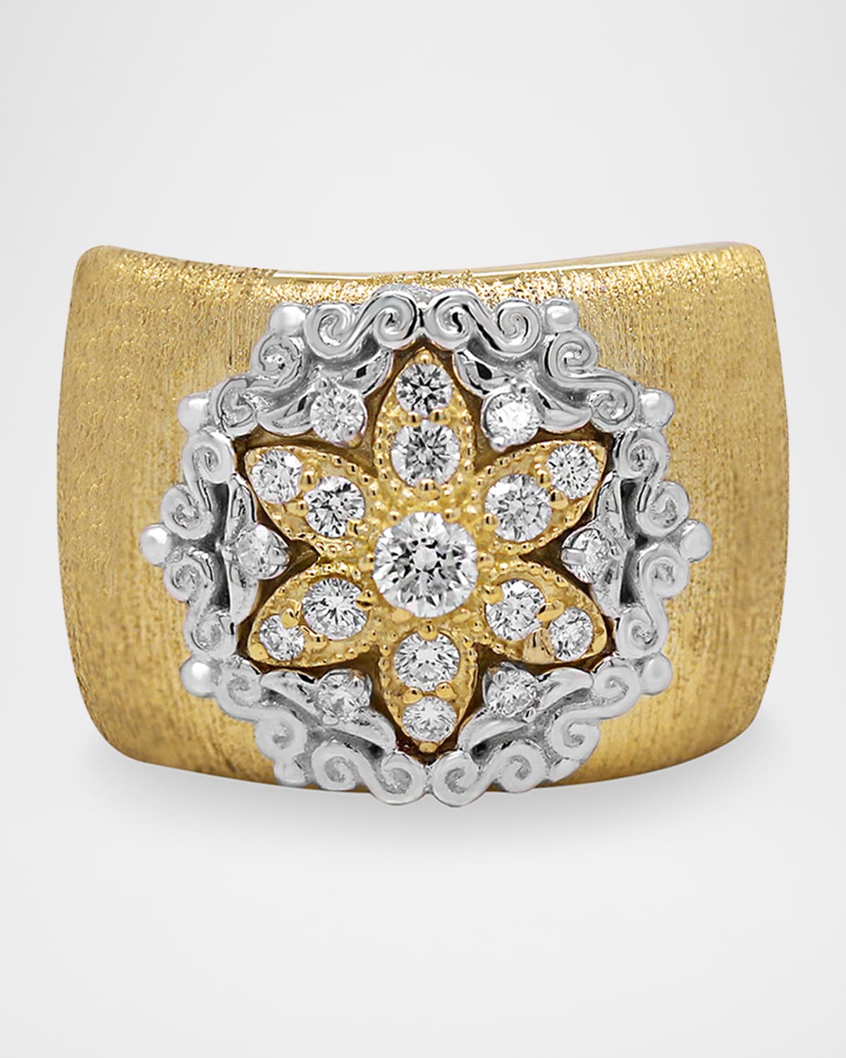 18K Yellow and White Gold Diamond Starburst Wide Band Cigar Band Ring