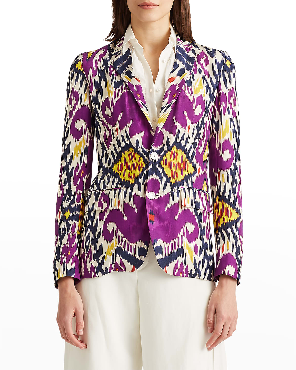 Ralph Lauren Collection Kory Ikat Print Single-Breasted Silk Blazer Jacket