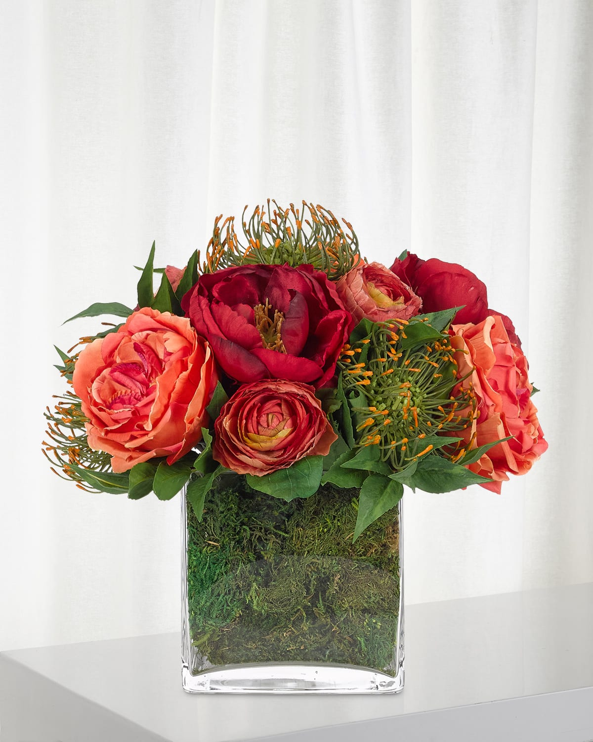 Shop Ndi Rose Peony Faux-floral Arrangement In Glass Cube With Moss, 13wx13dx12h In Orange