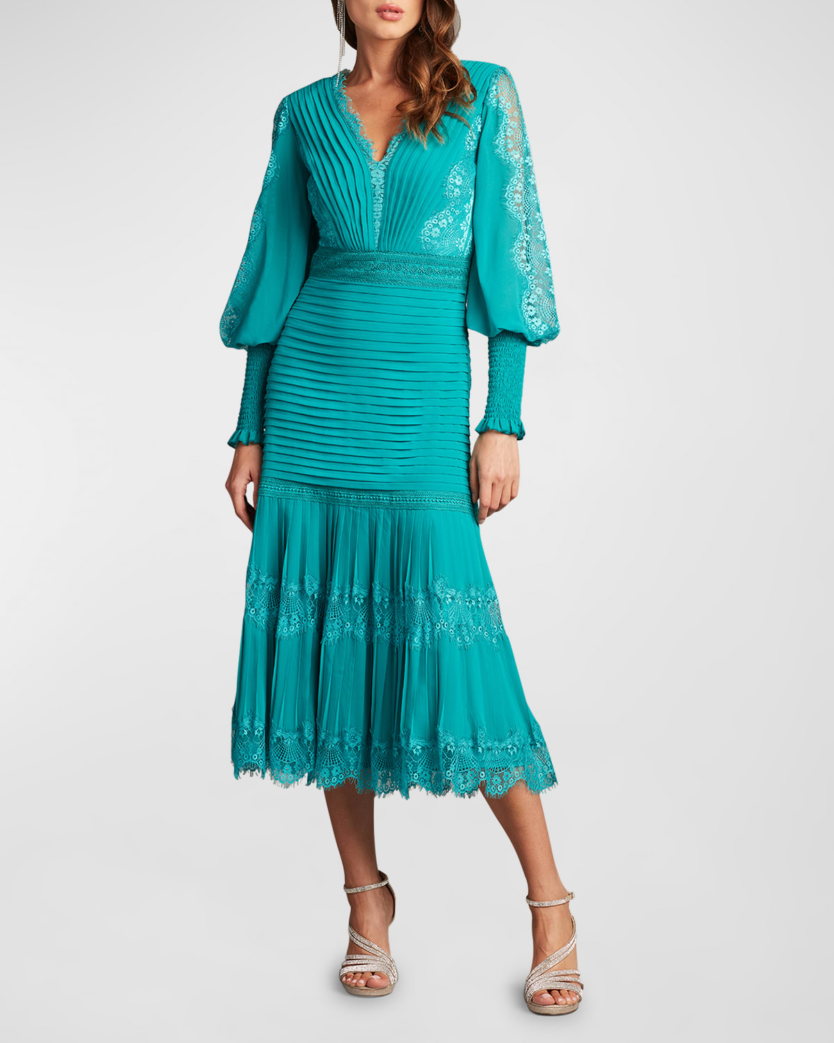 TADASHI SHOJI PLEATED CHIFFON & LACE BISHOP-SLEEVE DRESS